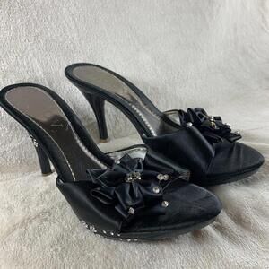 Roov Womens Size 6.5  Black Bow Rhinestones Peep Toe 3.5” Heels Pump Shoes READ‌